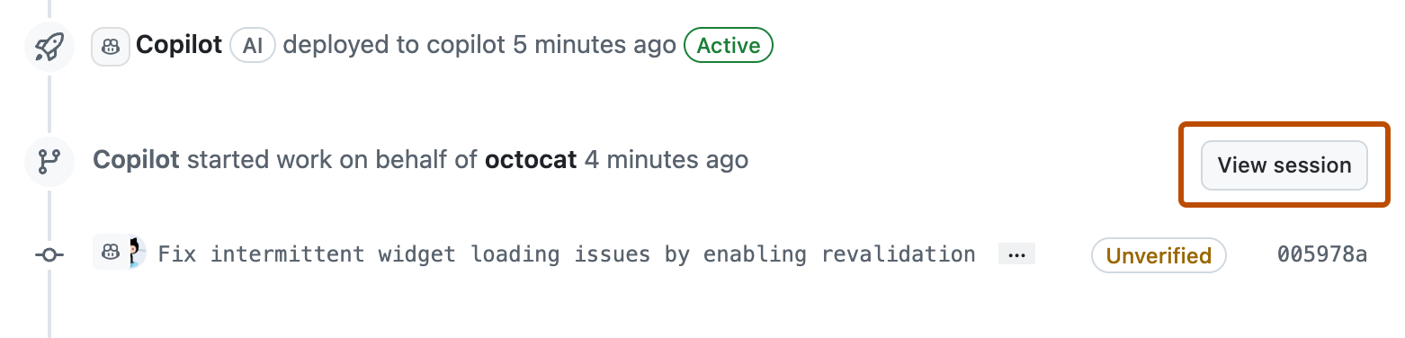 Screenshot des Teilbereichs eines Pull Requests mit hervorgehobener Schaltfläche „View session“
